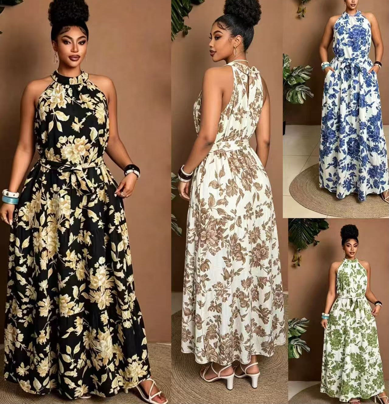 Floral Halter Neck Maxi Dress with Waist Tie