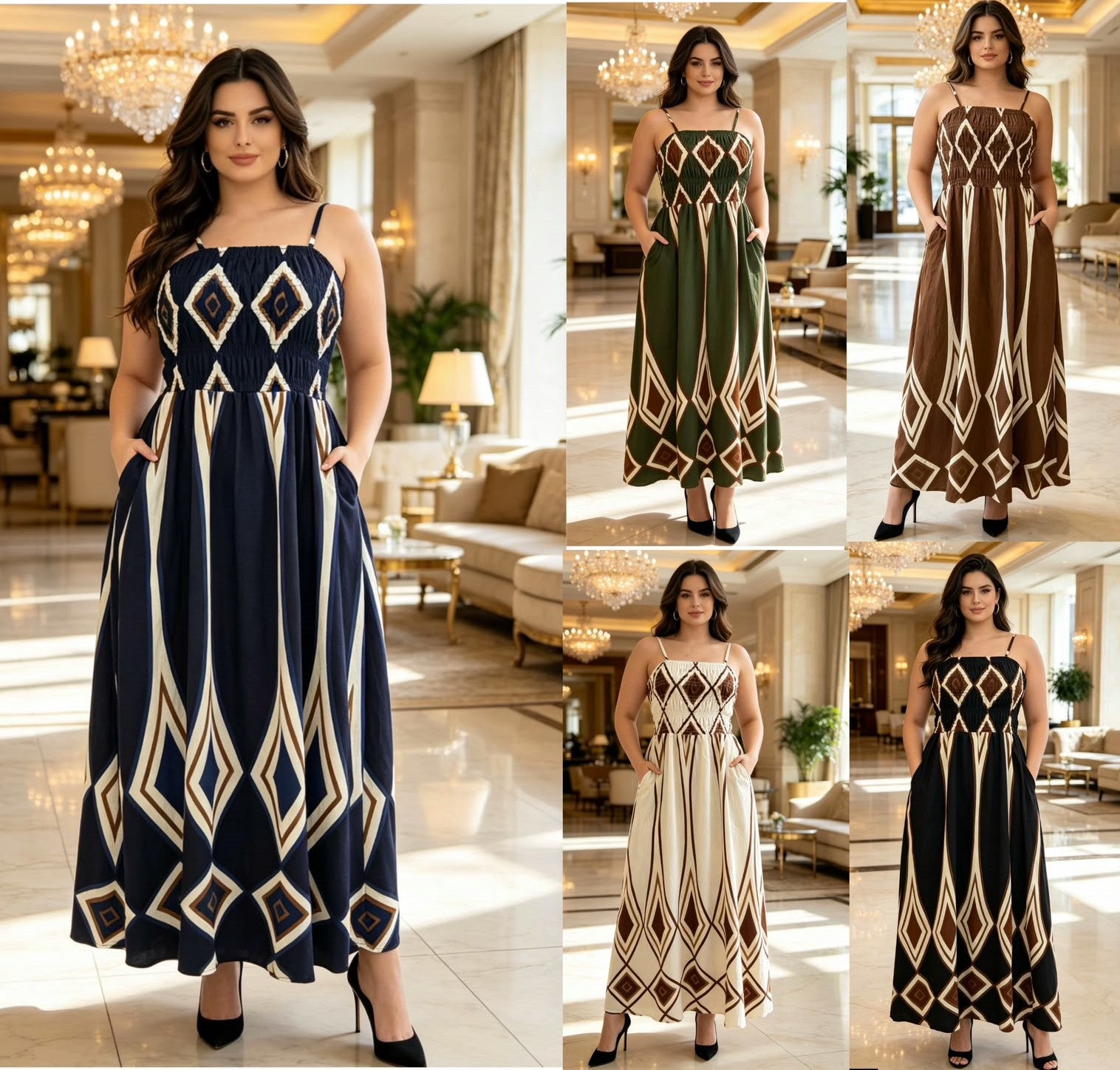 Diamond Print Smocked Maxi Dress with Pockets