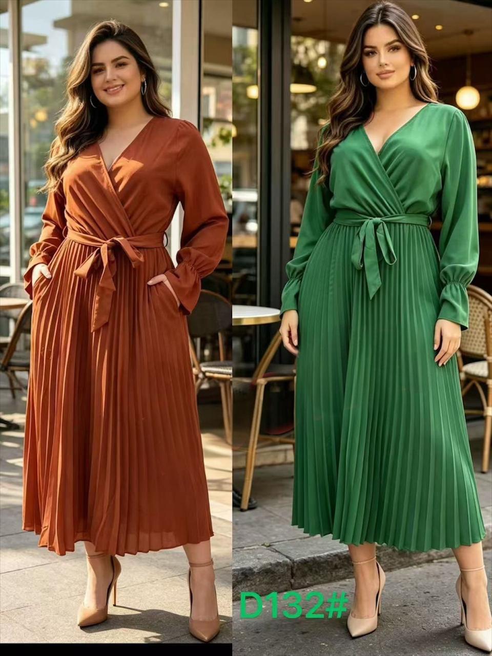Pleated Wrap Midi Dress with Tie Waist