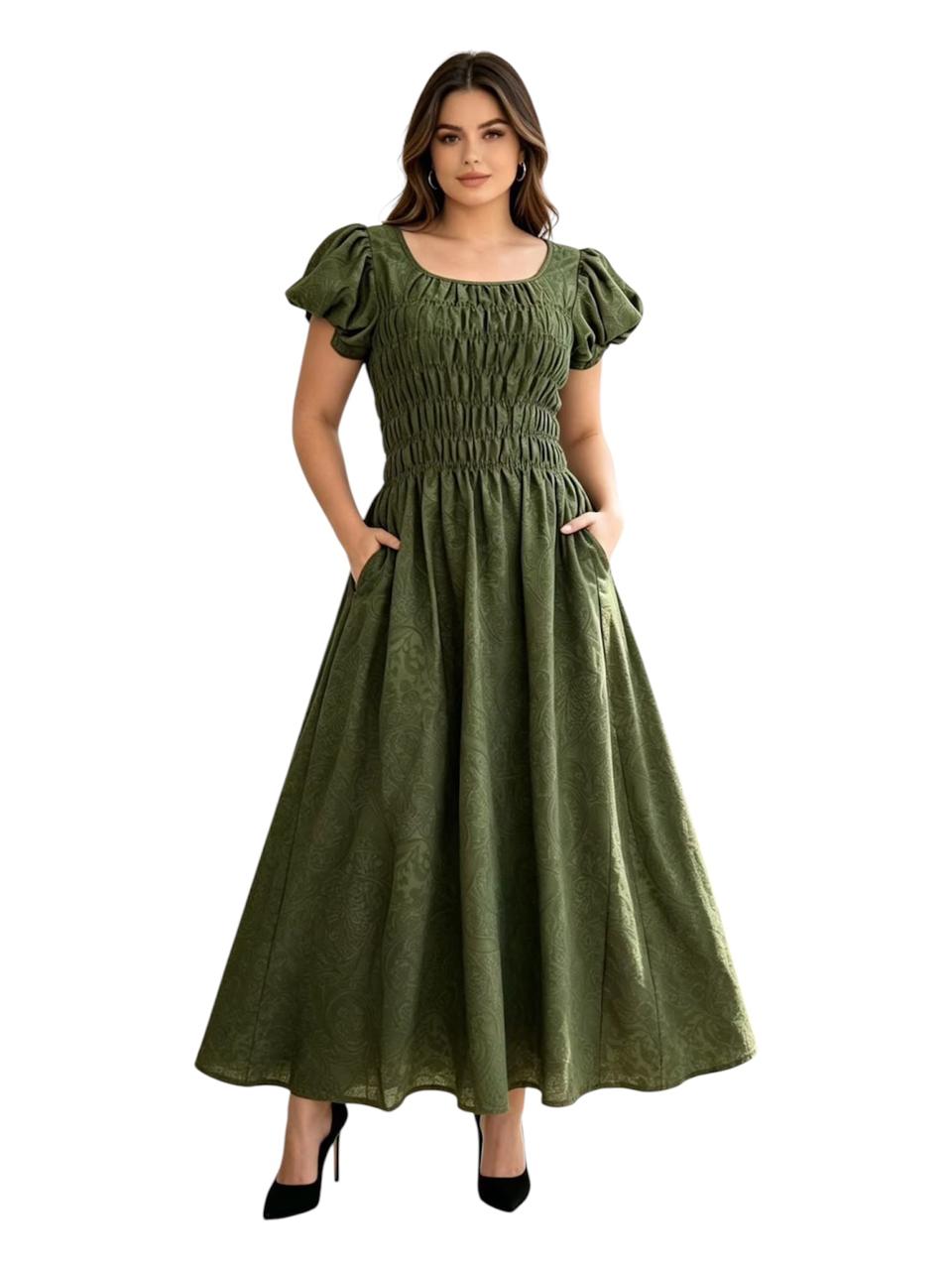 Paisley Smocked Midi Dress with Puff Sleeves – Olive Green