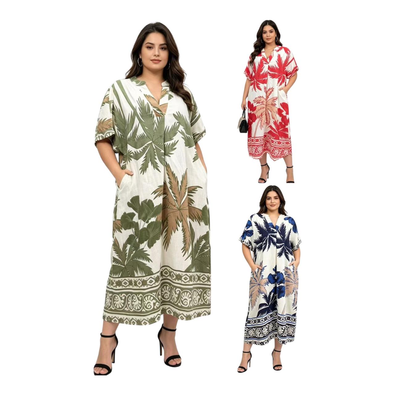 Tropical Palm Print Midi Dress with Pockets