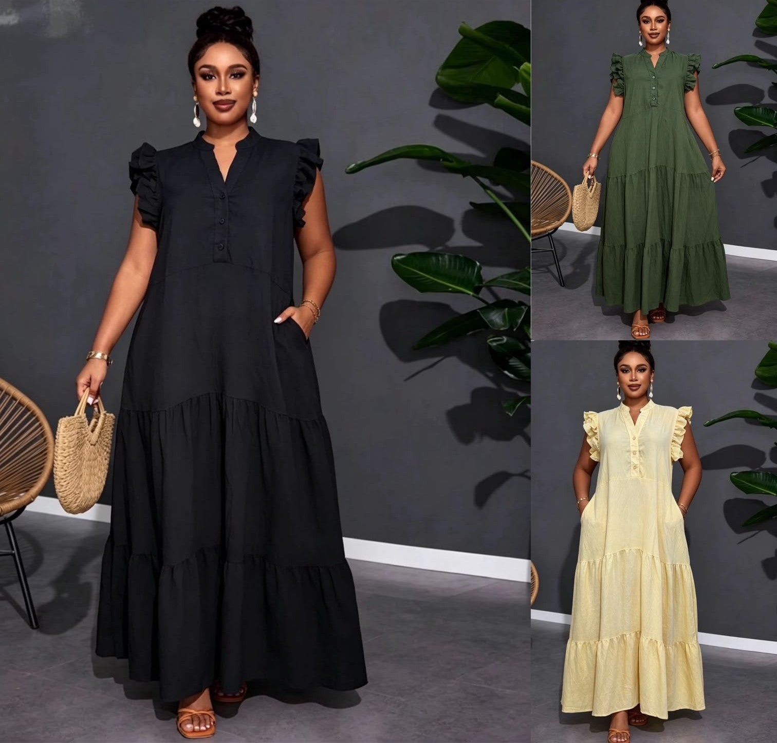 Tiered Ruffle Sleeve Maxi Dress