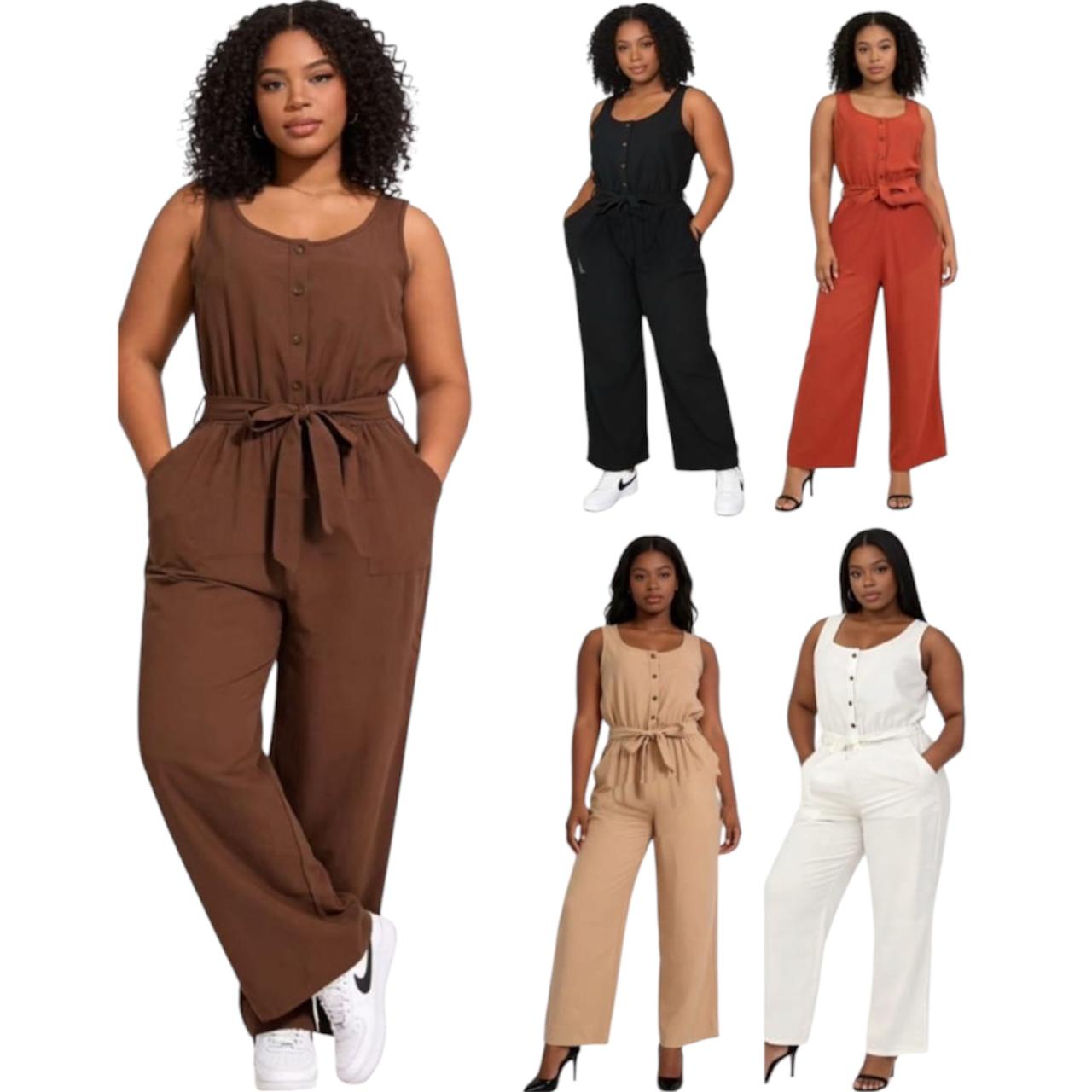 Button Front Wide Leg Jumpsuit with Waist Tie