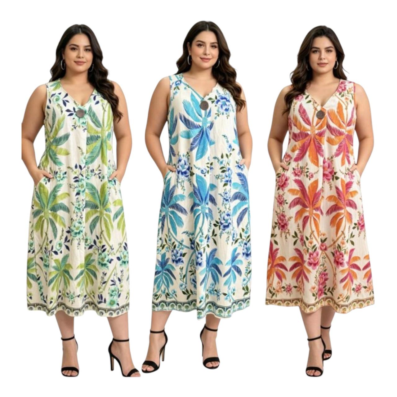 Tropical Palm Floral Midi Dress with Button Detail