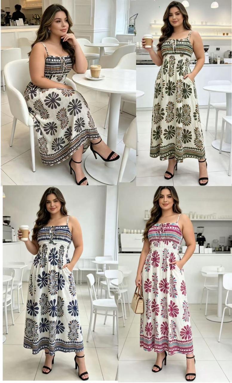 Boho Sunburst Print Smocked Maxi Dress
