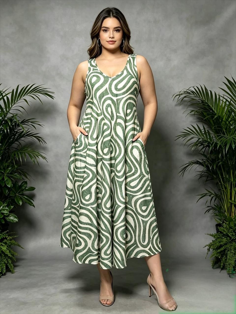 Swirl Print Maxi Dress with Pockets