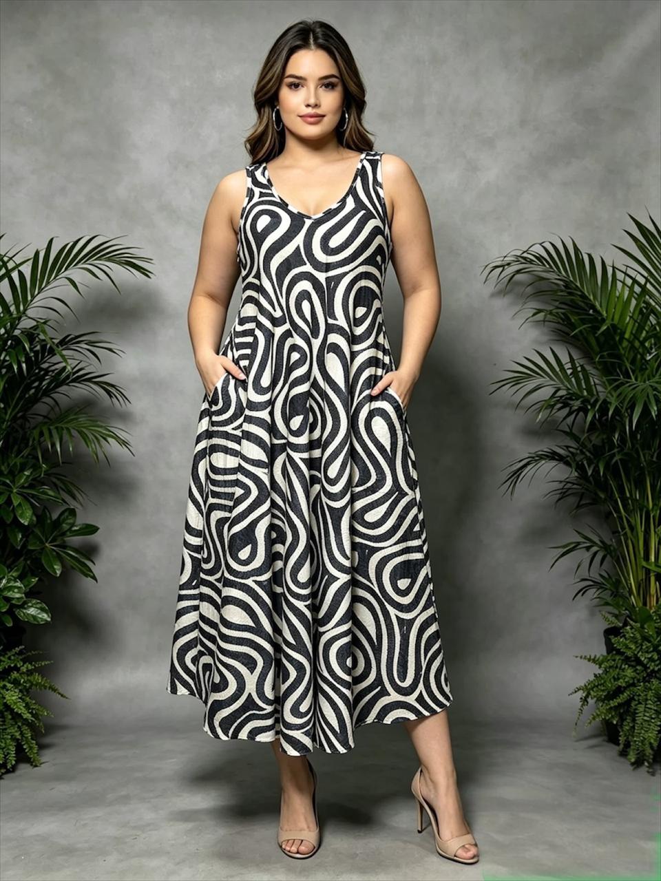 Swirl Print Maxi Dress with Pockets