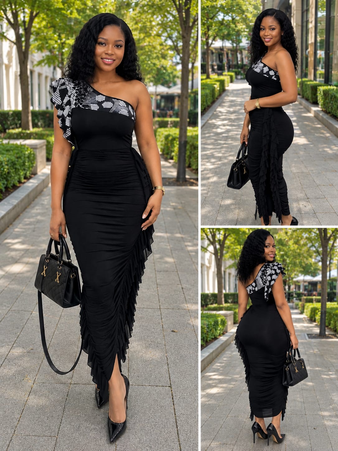 One-Shoulder Ruffle Trim Bodycon Maxi Dress