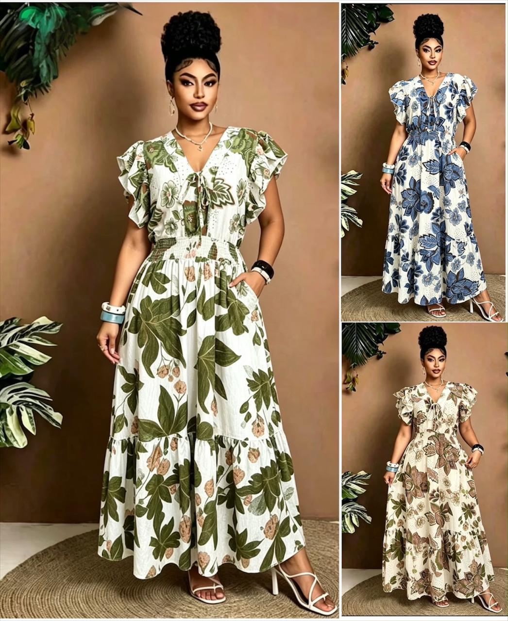 Tie-Front Ruffle Sleeve Tiered Maxi Dress