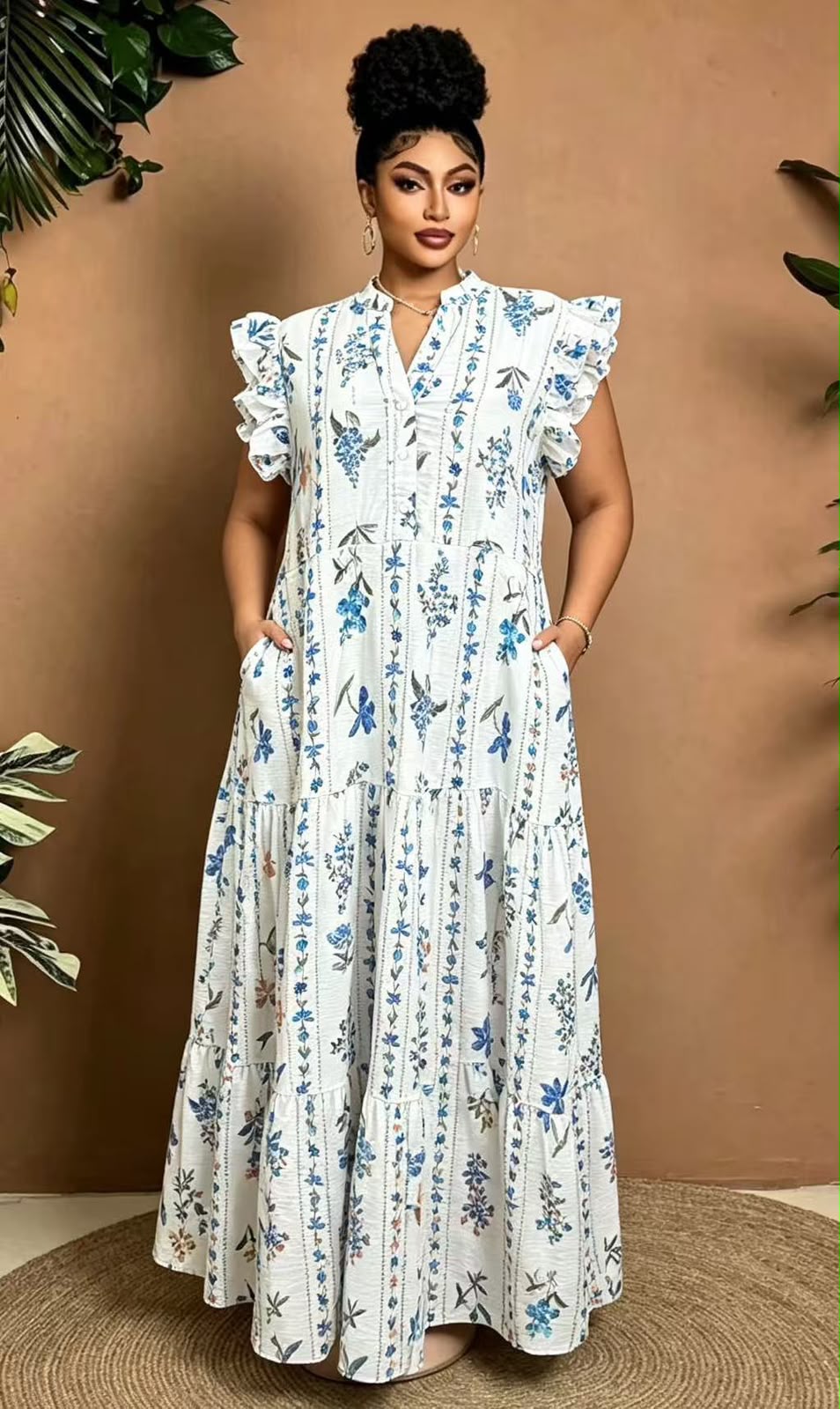 Tiered Floral Ruffle Sleeve Maxi Dress