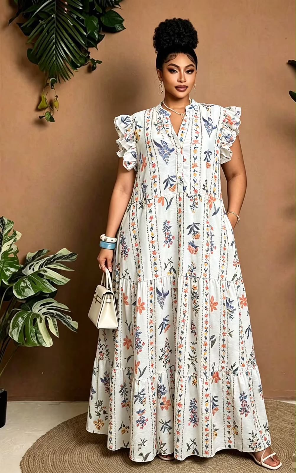 Tiered Floral Ruffle Sleeve Maxi Dress