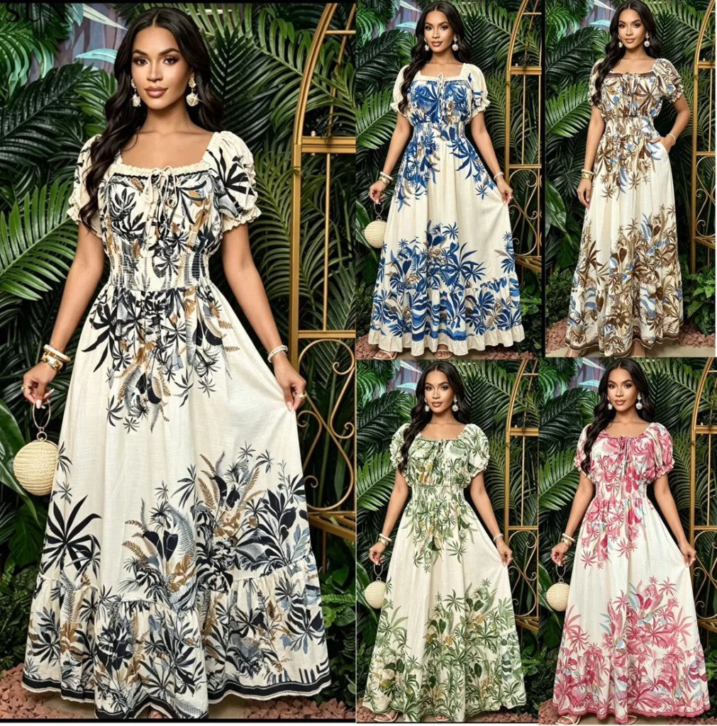 Botanical Print Puff Sleeve Maxi Dress — Black, Blue, Brown, Green, Pink