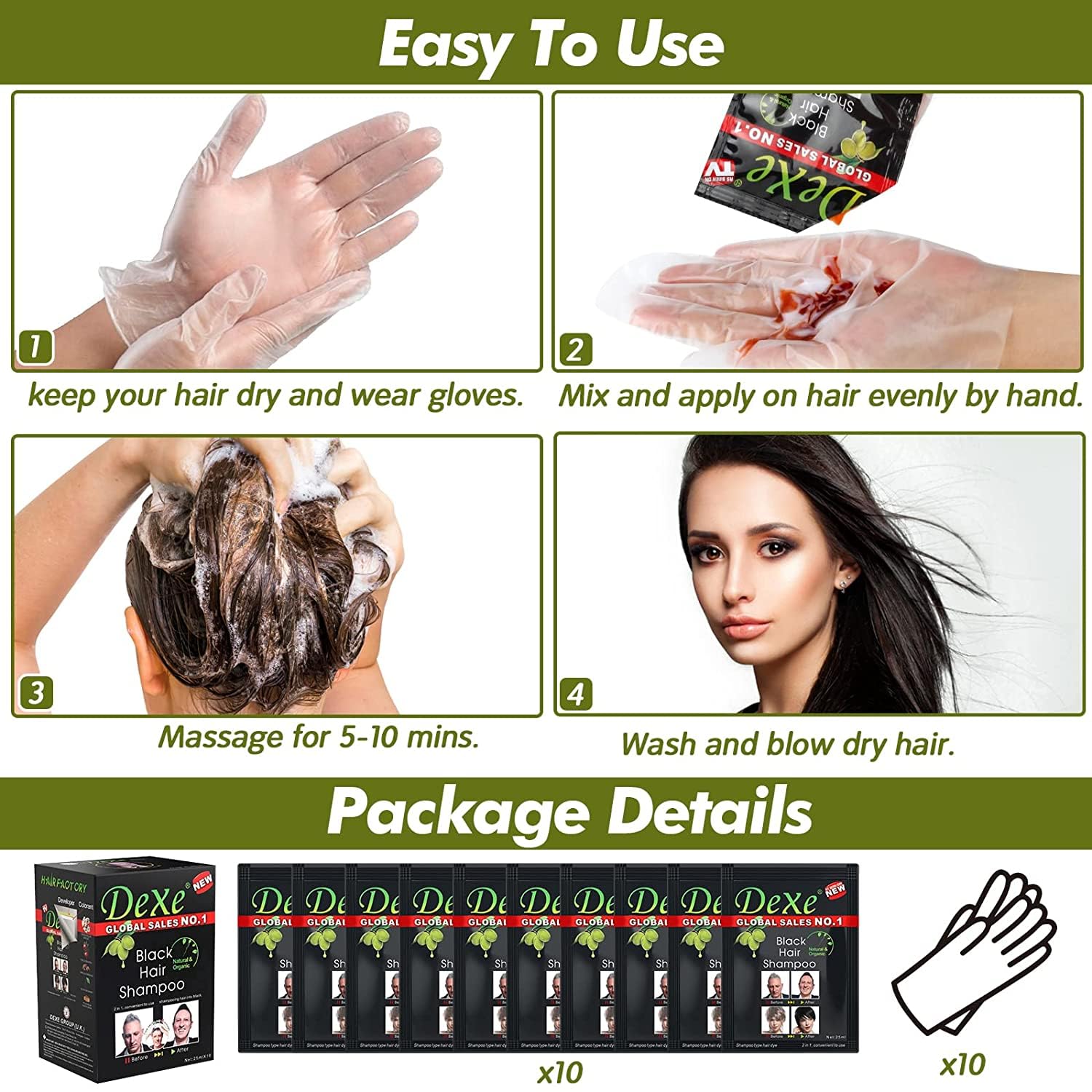 Dexe Black Hair Shampoo – Bulk Deal: 5 Boxes (50 Sachets) – Instant Hair Dye