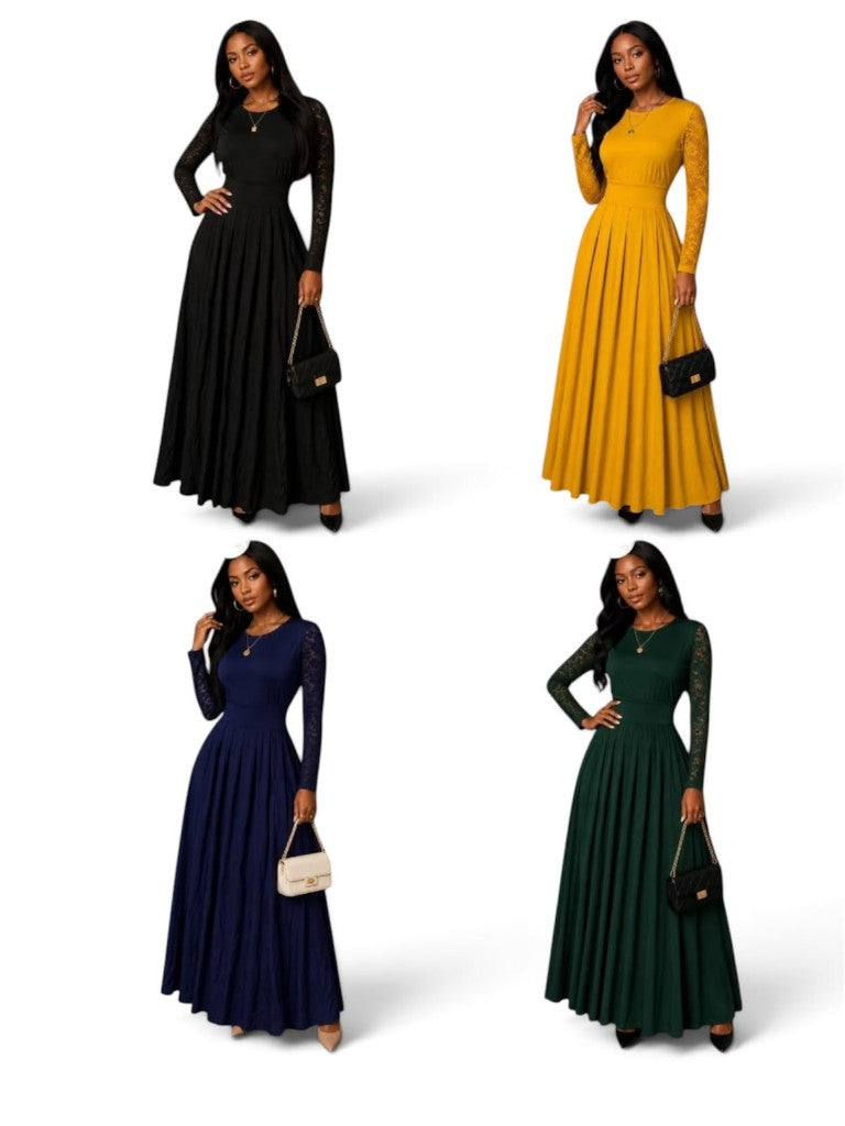 Elegant Lace-Sleeve Pleated Maxi Dress — Black, Mustard, Navy, Green