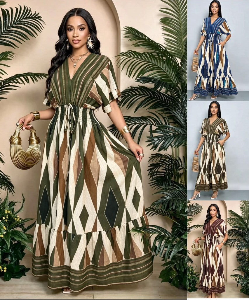 Geometric Print V-Neck Maxi Dress — Blue, Olive, Burgundy