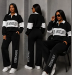 "Los Angeles" Colorblock Collared Tracksuit Set — Black