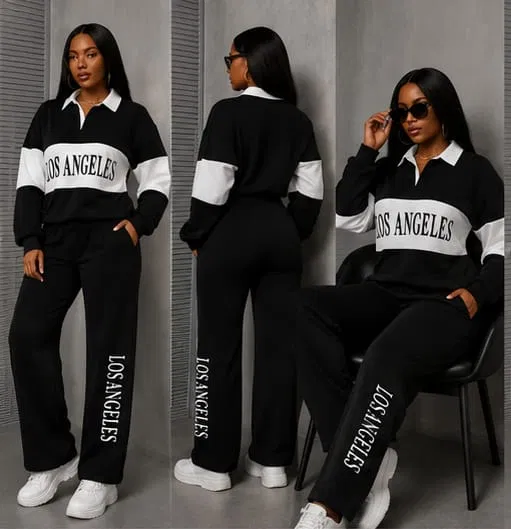 "Los Angeles" Colorblock Collared Tracksuit Set — Black