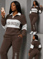 "Los Angeles" Colorblock Collared Tracksuit Set — Brown