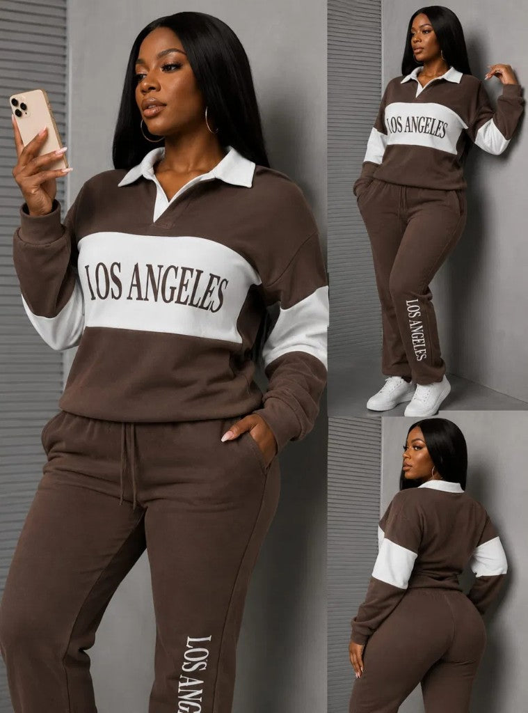 "Los Angeles" Colorblock Collared Tracksuit Set — Brown