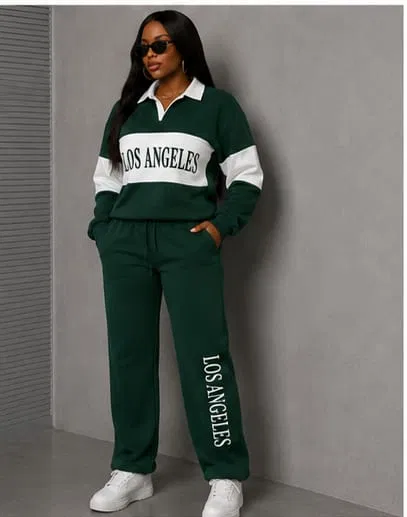 "Los Angeles" Colorblock Collared Tracksuit Set — Green
