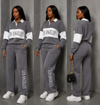 "Los Angeles" Colorblock Collared Tracksuit Set — Grey