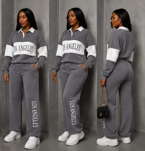 "Los Angeles" Colorblock Collared Tracksuit Set — Grey