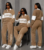 "Los Angeles" Colorblock Collared Tracksuit Set — Tan