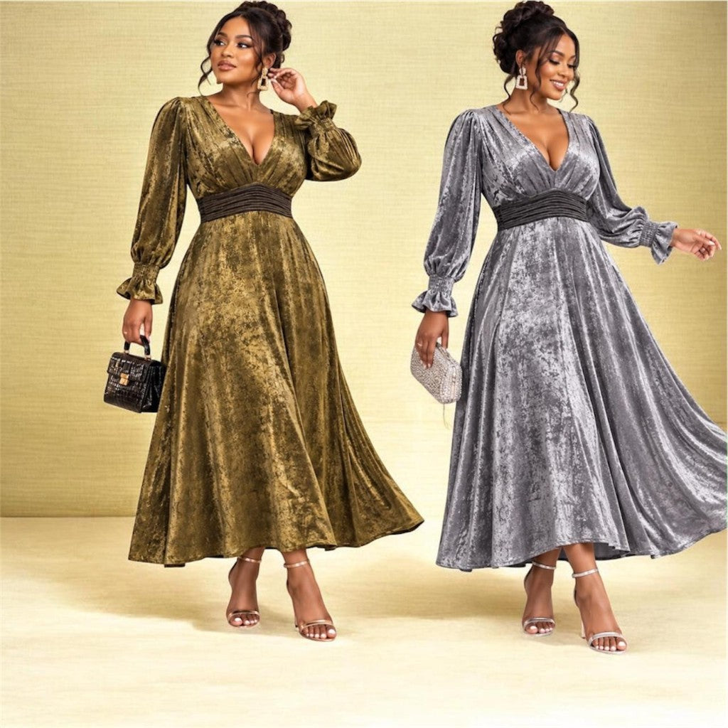 Metallic Crush Velvet V-Neck Maxi Dress — Olive & Silver