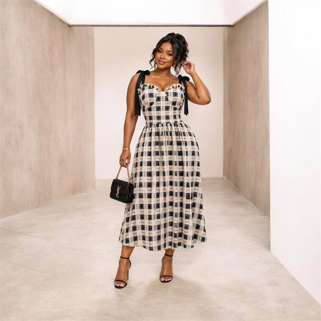 Plaid Bow-Strap Midi Dress