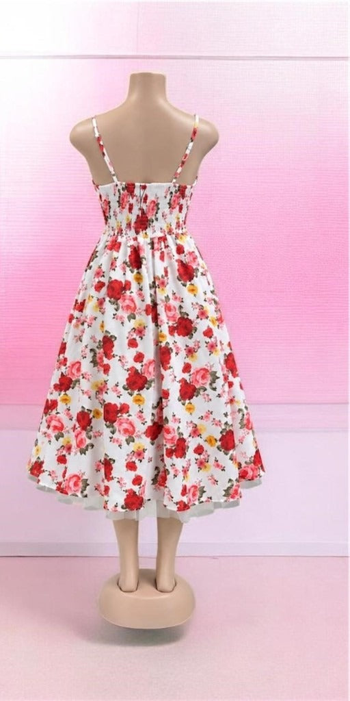 Red Rose Floral Spaghetti-Strap Midi Dress — Back